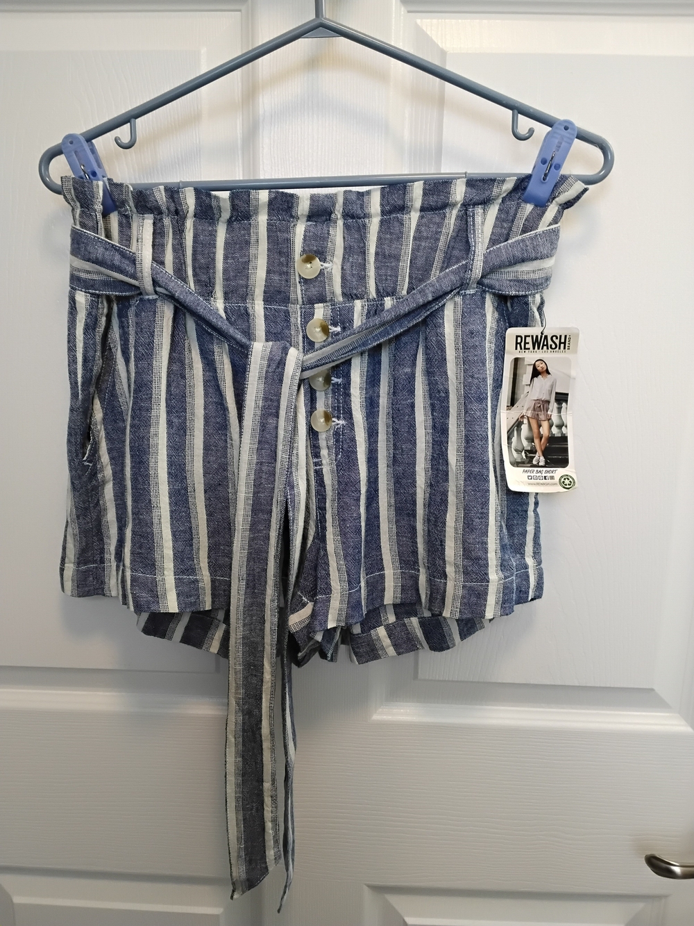 Rewash Blue & White Beachy Striped High-Waist Papper Bag‎ Tie Shorts